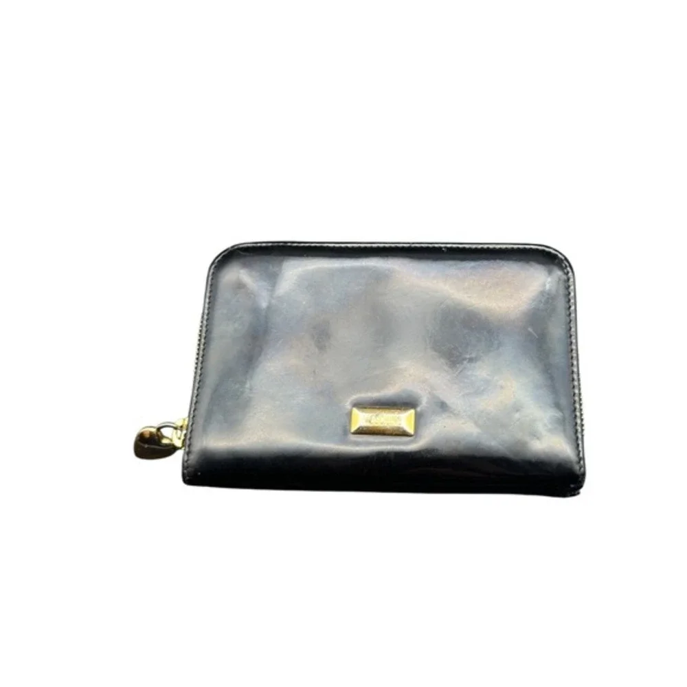 Vintage‎ Y2K Moschino Black Patent Leather Zip Around Wallet Gold Heart KC